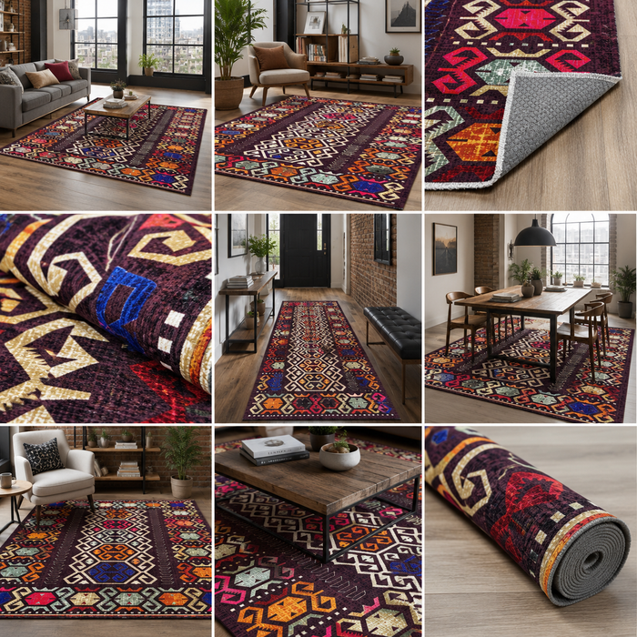 Premier Border Dark Brown Heritage Washable Rug shown in an illustrative room
