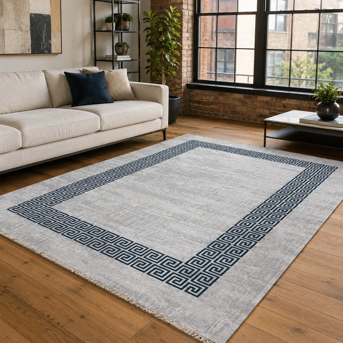 Century Vinework Soft Grey Traditional Washable Rug shown in an illustrative room