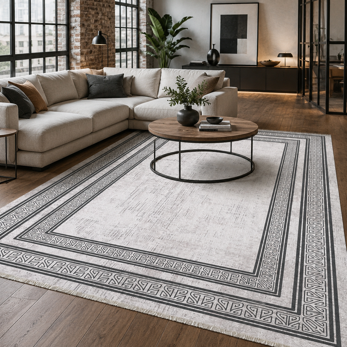 Modular Stripes Slate Grey Traditional Washable Rug shown in an illustrative room