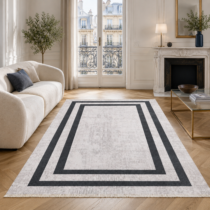 Crossed Border Slate Grey Traditional Washable Rug shown in an illustrative room