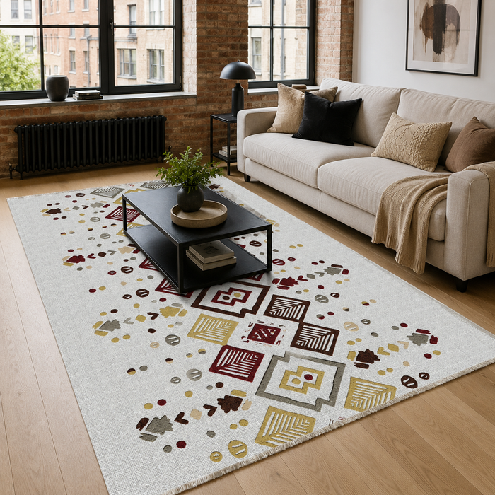 Homestead Waves Golden Heritage Washable Rug shown in an illustrative room