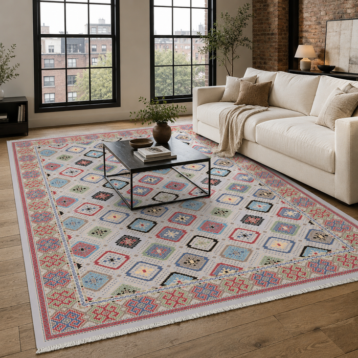 Premier Border Warm Gold Heritage Washable Rug shown in an illustrative room