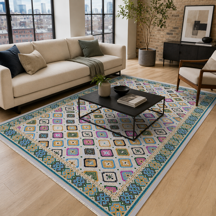 Evening Heritage Golden Ochre Washable Rug shown in an illustrative room