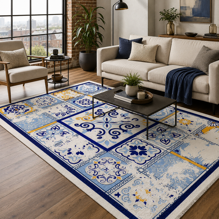 Georgian Lattice Mid Blue Heritage Washable Rug shown in an illustrative room