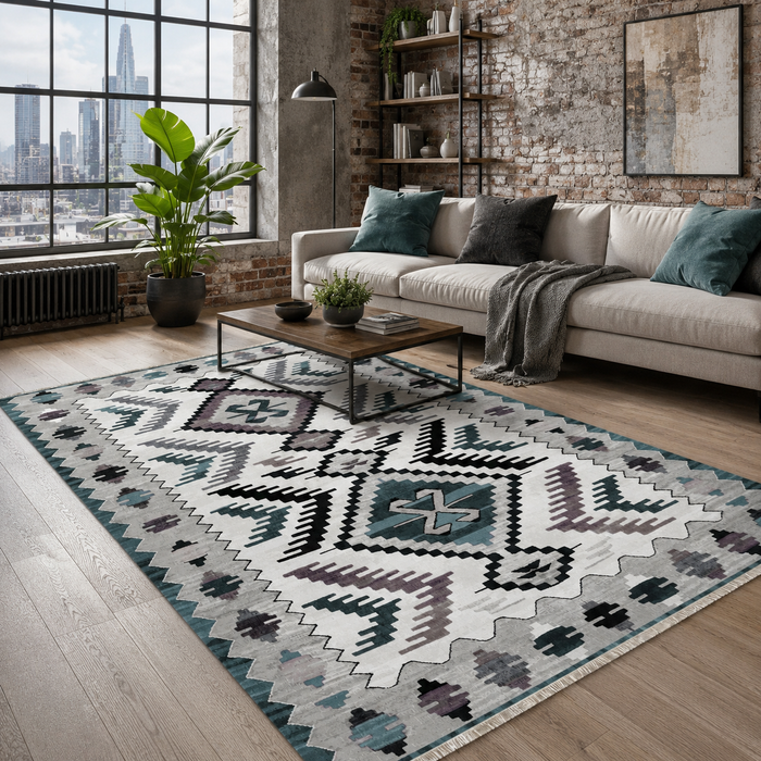 Courtyard Geometry Muted Green Heritage Washable Rug shown in an illustrative room