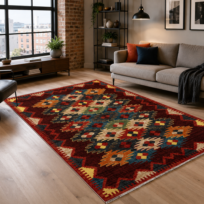 Balanced Geometry Burgundy Heritage Washable Rug shown in an illustrative room