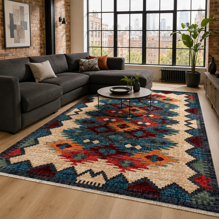 Weathered Medallion Navy Blue Heritage Washable Rug shown in an illustrative room