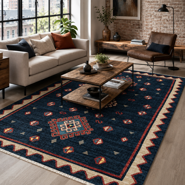 Archive Border Navy Blue Heritage Washable Rug shown in an illustrative room