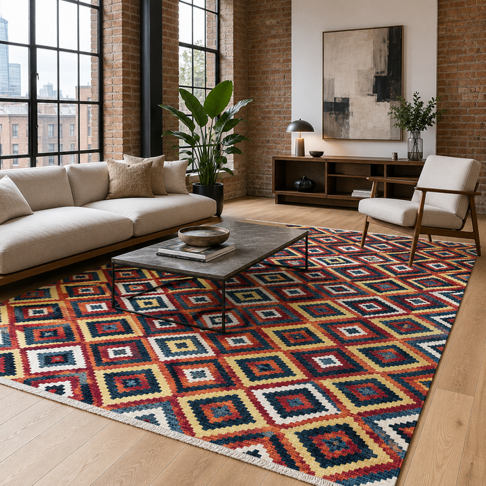 Lantern Octagons Deep Red Heritage Washable Rug shown in an illustrative room