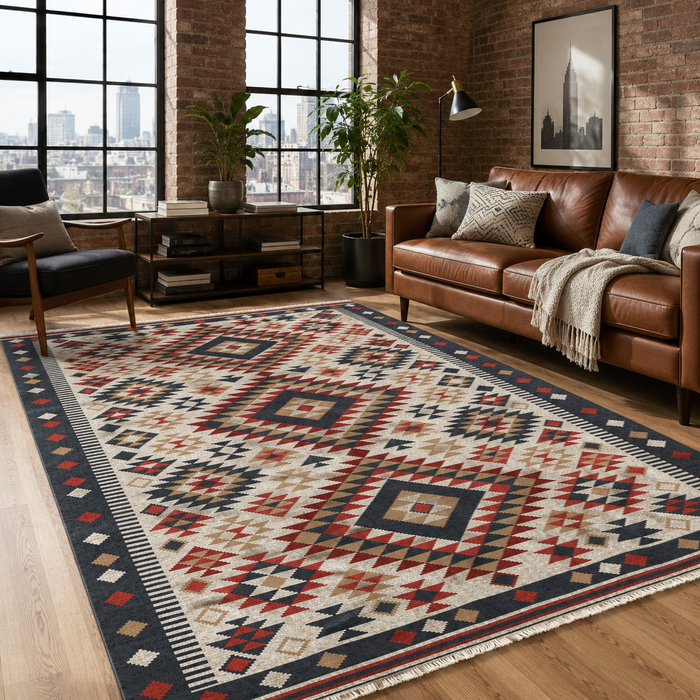 Ember Diamonds Warm Brown Heritage Washable Rug shown in an illustrative room