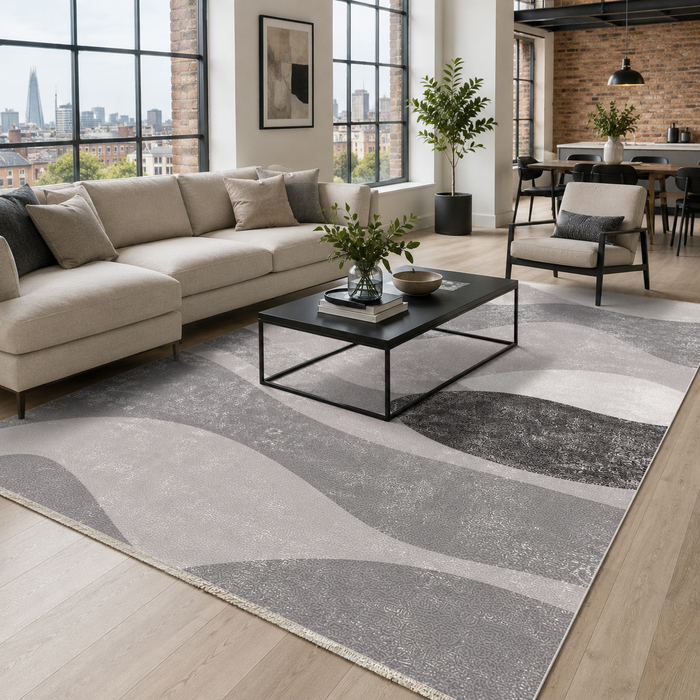 Rhythmic Geometry Slate Grey Washable Rug shown in an illustrative room