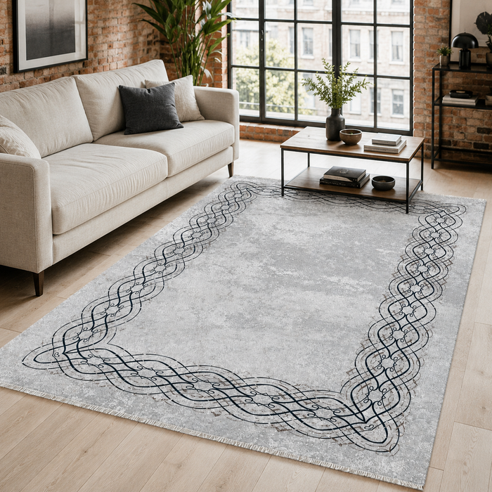 Timeless Linework Grey Modern Washable Rug shown in an illustrative room