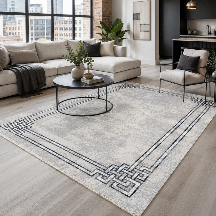 Symmetric Linework Mid Grey Modern Washable Rug shown in an illustrative room