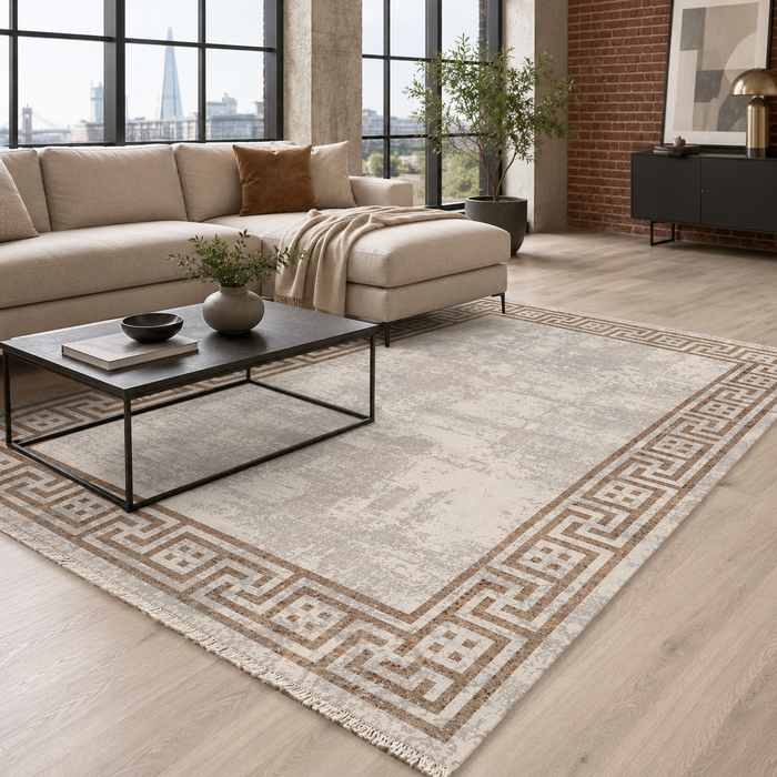 Georgian Linework Warm Brown Modern Washable Rug shown in an illustrative room