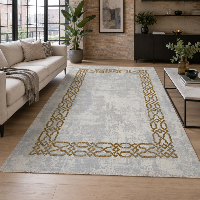 Eastward Linework Silver Grey Modern Washable Rug shown in an illustrative room