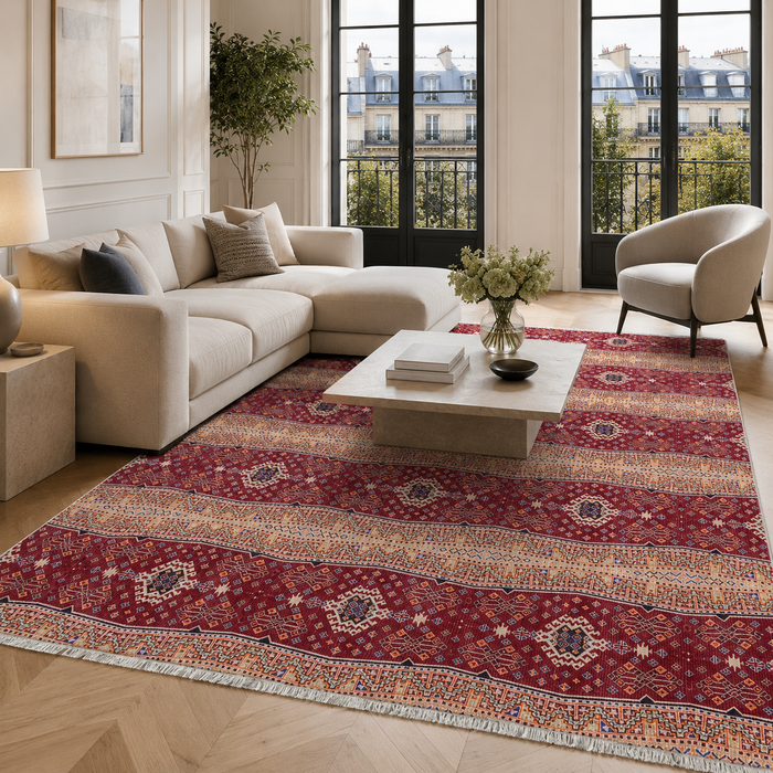 Eastward Border Burnt Red Heritage Washable Rug shown in an illustrative room