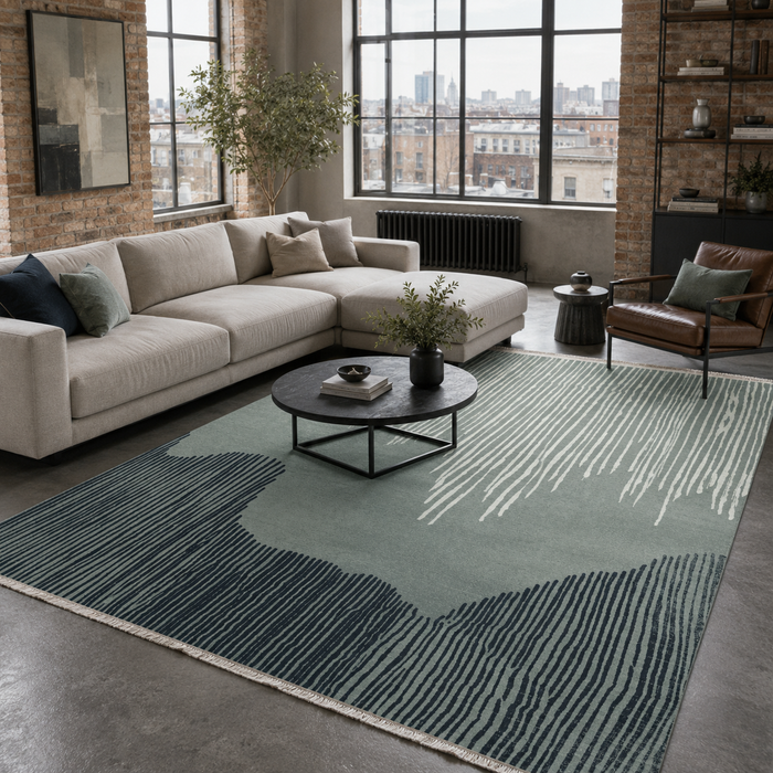 Strong Linework Muted Green Modern Washable Rug shown in an illustrative room