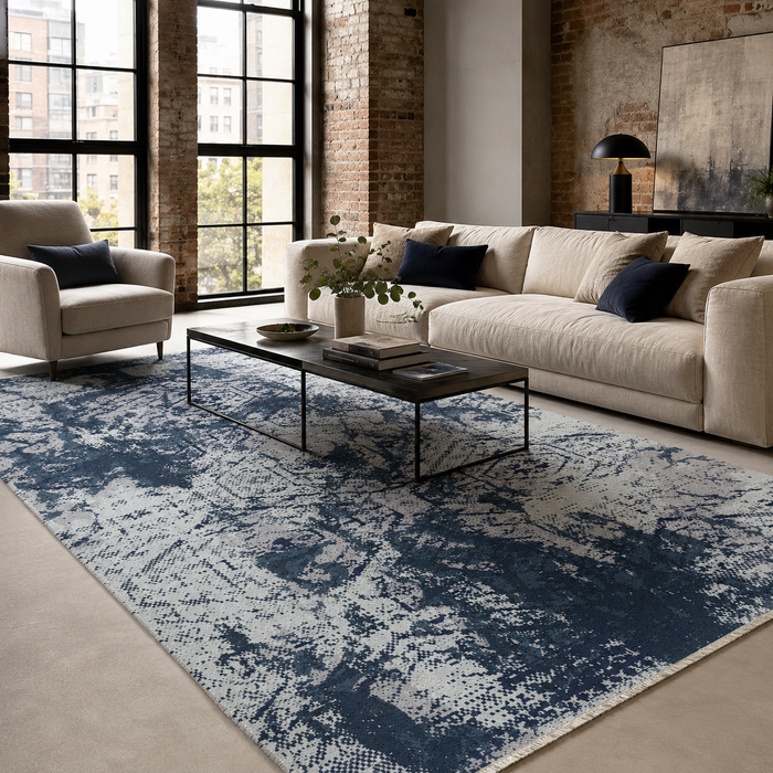 Keepsake Mosaic Mid Blue Modern Washable Rug shown in an illustrative room