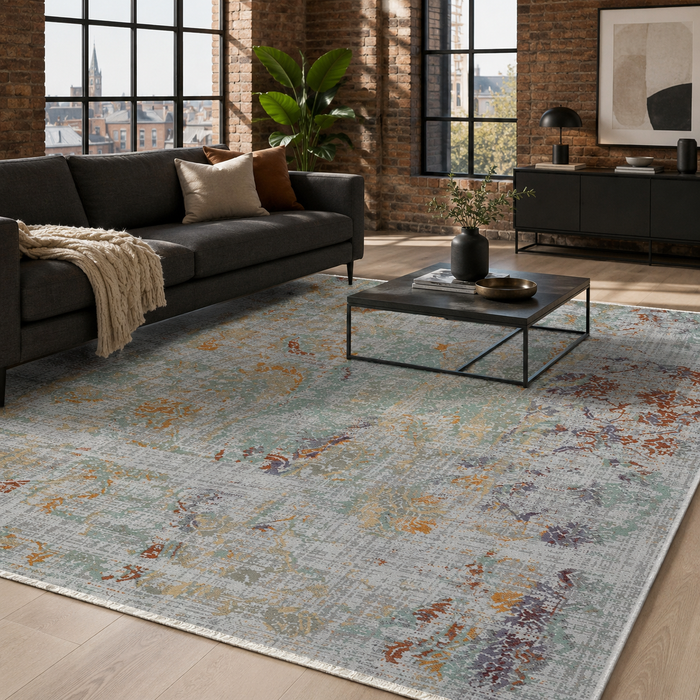 Loomed Linework Grey Modern Washable Rug shown in an illustrative room