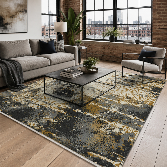 Dusky Linework Golden Ochre Modern Washable Rug shown in an illustrative room
