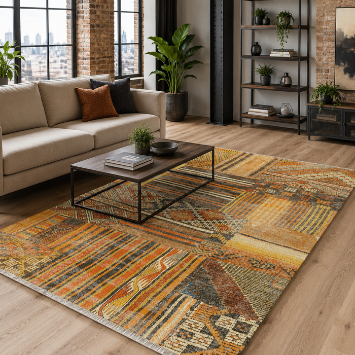 Eastward Border Terracotta Heritage Washable Rug shown in an illustrative room