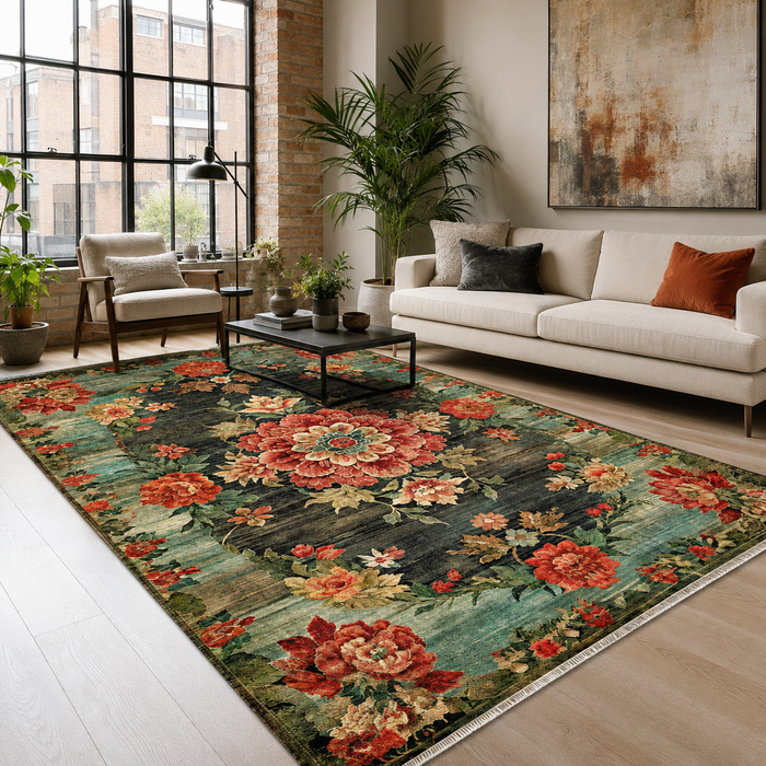 Abstract Heritage Black Washable Rug shown in an illustrative room