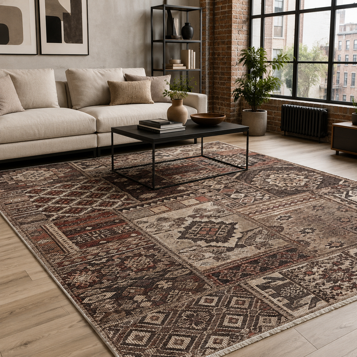 Lantern Heritage Taupe Washable Rug shown in an illustrative room