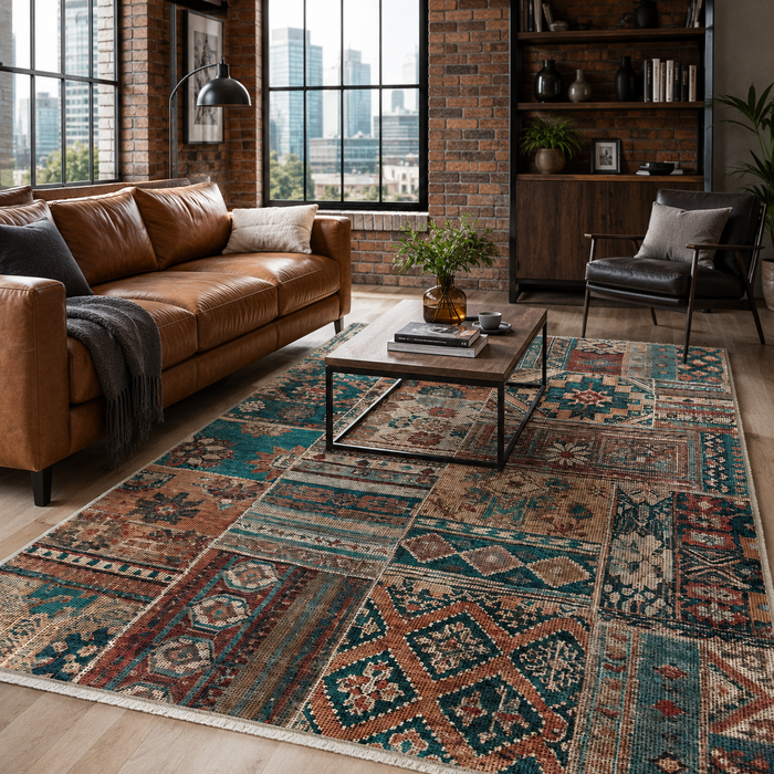 Homestead Waves Warm Taupe Heritage Washable Rug shown in an illustrative room
