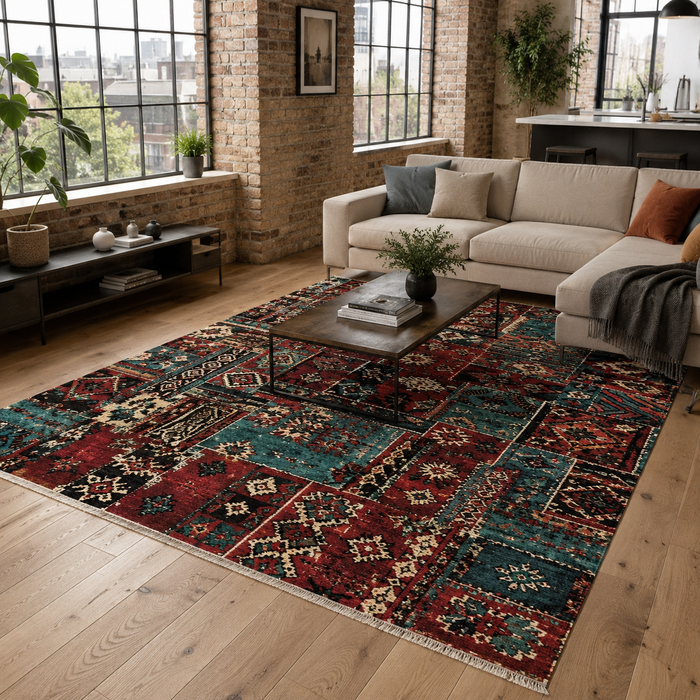 Homestead Waves Burgundy Heritage Washable Rug shown in an illustrative room