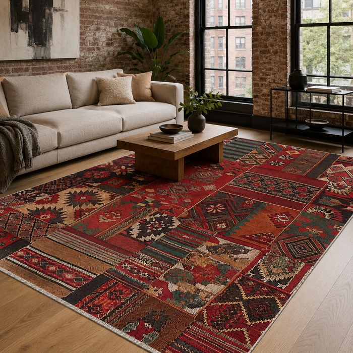 Moonlit Heritage Crimson Red Washable Rug shown in an illustrative room