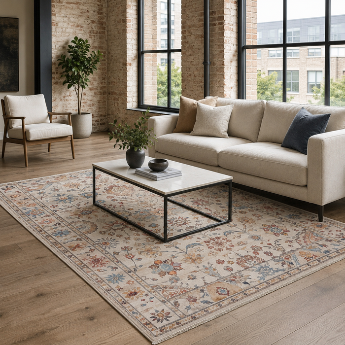 Georgian Floral Natural Beige Traditional Washable Rug shown in an illustrative room