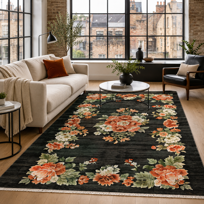 Moonlit Heritage Dark Grey Washable Rug shown in an illustrative room