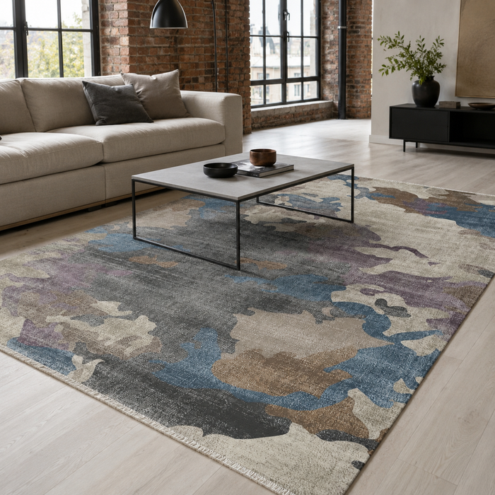 Quiet Linework Slate Grey Modern Washable Rug shown in an illustrative room