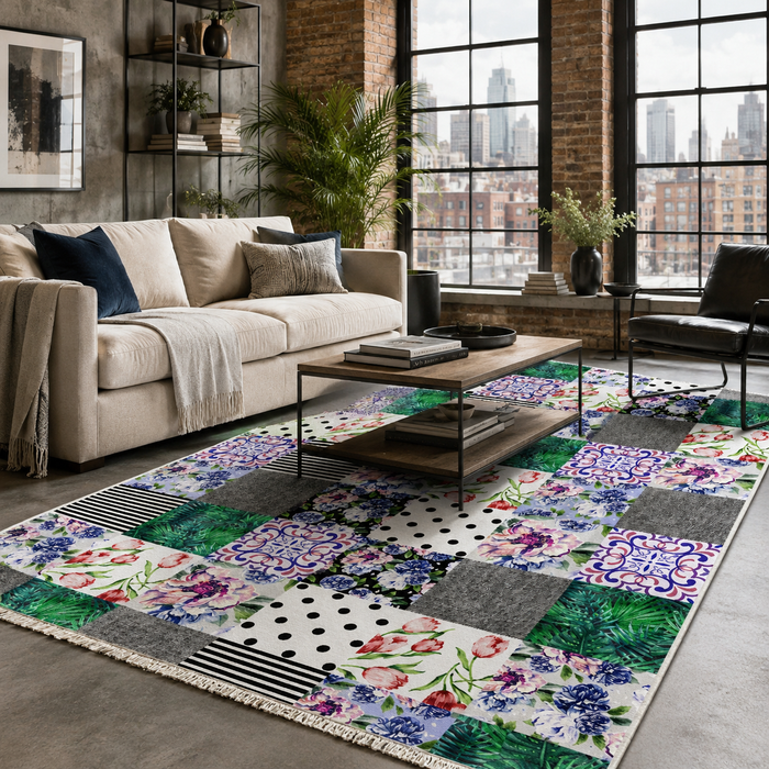 Moonlit Linework Mid Grey Geometric Washable Rug shown in an illustrative room