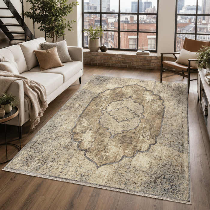Century Patina Dark Brown Vintage Washable Rug shown in an illustrative room