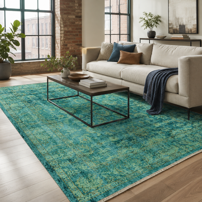 Homestead Patina Muted Green Vintage Washable Rug shown in an illustrative room
