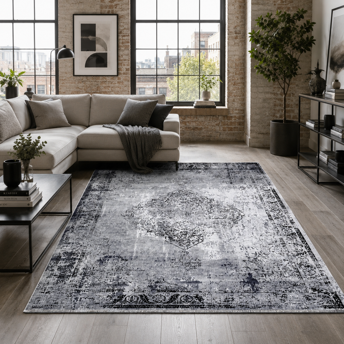 Weathered Stripes Soft Grey Traditional Washable Rug shown in an illustrative room