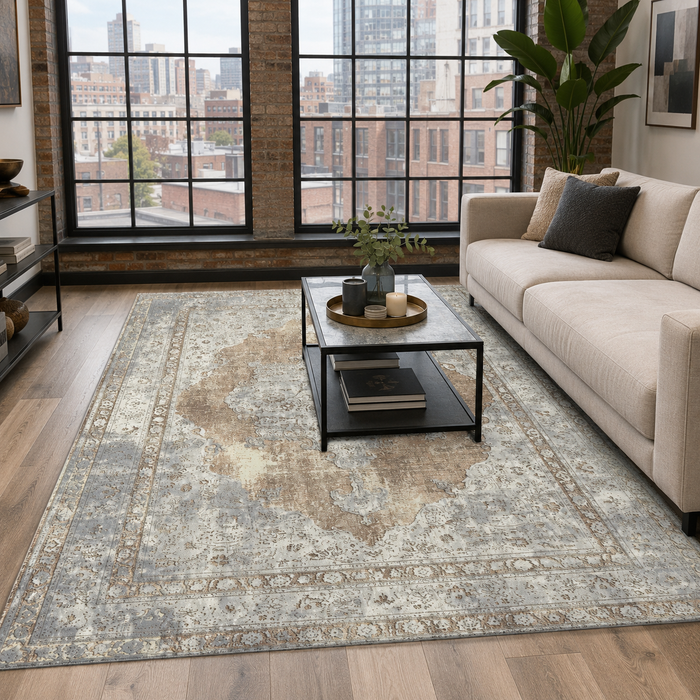 Radiant Border Dark Brown Traditional Washable Rug shown in an illustrative room