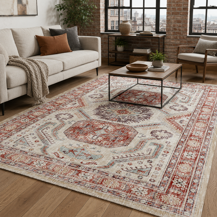 Subtle Medallion Warm Taupe Traditional Washable Rug shown in an illustrative room