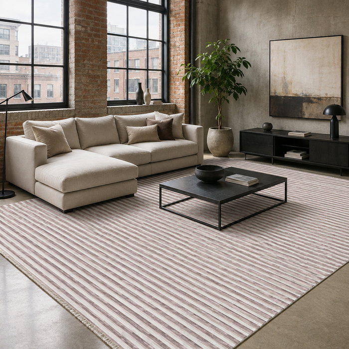 Keepsake Linework Warm Brown Modern Washable Rug shown in an illustrative room