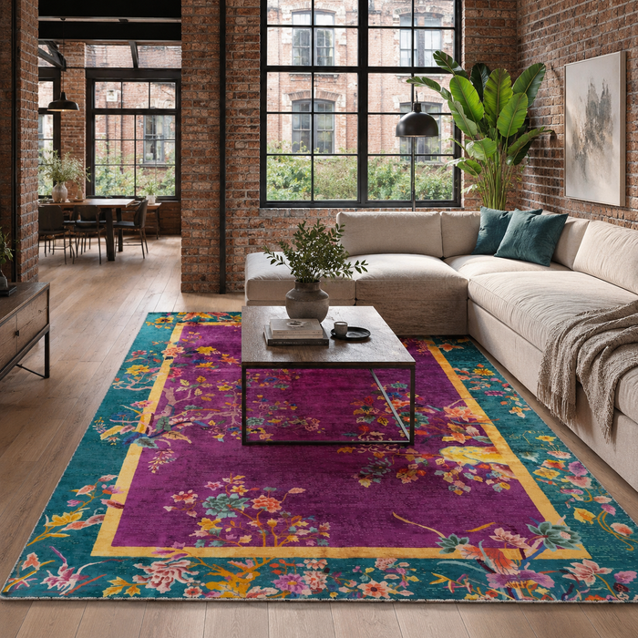 Rich Medallion Mauve Traditional Washable Rug shown in an illustrative room