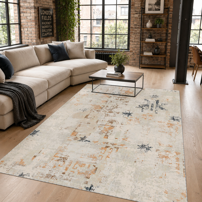 Painted Heritage Navy Blue Washable Rug shown in an illustrative room