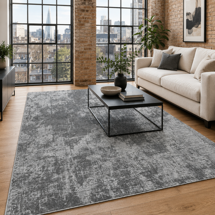 Balanced Linework Silver Grey Modern Washable Rug shown in an illustrative room