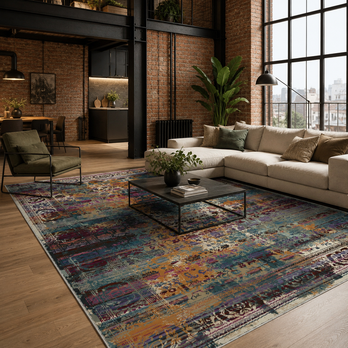 Gallery Medallion Golden Traditional Washable Rug shown in an illustrative room