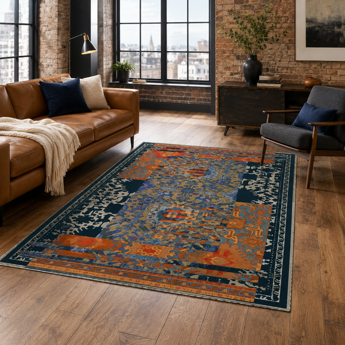 Cool Medallion Indigo Blue Traditional Washable Rug shown in an illustrative room