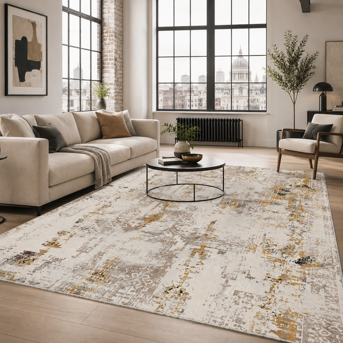 Rich Border Dark Brown Heritage Washable Rug shown in an illustrative room