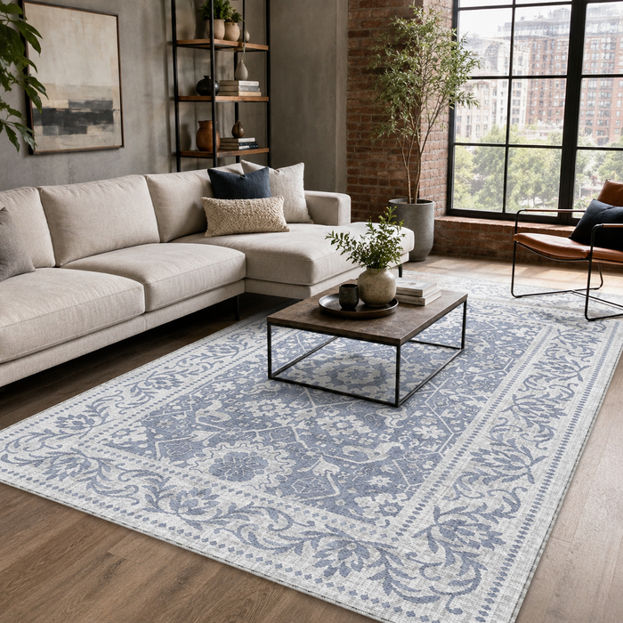 Gallery Medallion Navy Blue Traditional Washable Rug shown in an illustrative room