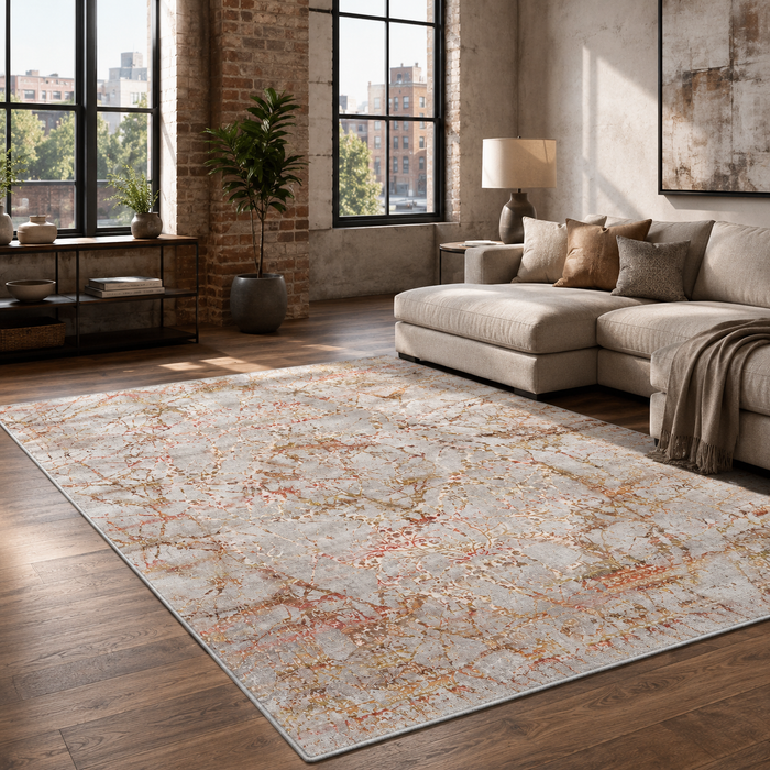 Studio Linework Terracotta Traditional Washable Rug shown in an illustrative room