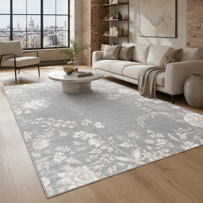 Curated Medallion Grey Traditional Washable Rug shown in an illustrative room
