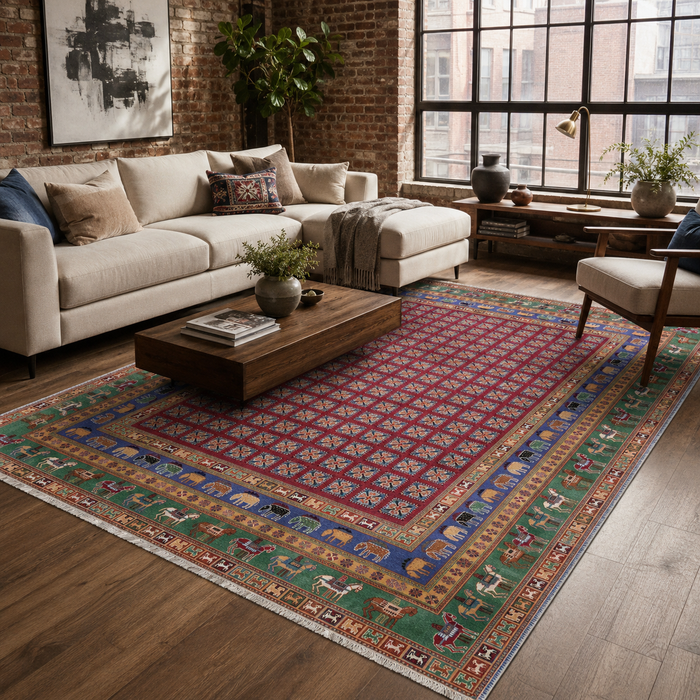 Tiled Medallion Deep Blue Traditional Washable Rug shown in an illustrative room